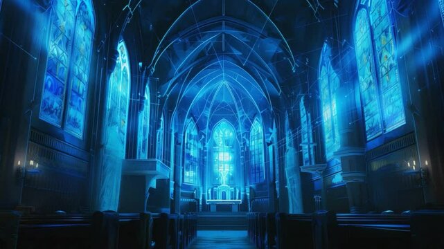 This modern church glows with blue light, highlighting its intricate architecture and stained glass.