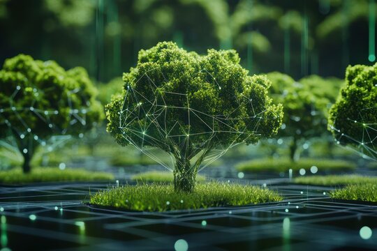 Green digital trees growing on network lines