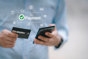 Man using smartphone for online payment with secure transaction, digital wallet system, and mobile banking concept for financial technology, e-commerce, and global money transfer.