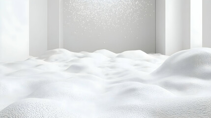 White snow drifts in minimalist room; winter wonderland scene; holiday or serenity background