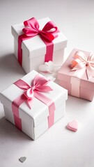 Obraz premium Three white boxes with pink ribbons and bows on them.