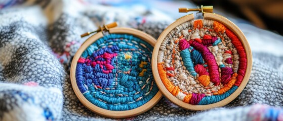 Fototapeta premium Close-up of Two Colorful Embroidery Hoops on Woven Blanket; Needlework Art in Wooden Frames; Handmade Craft Project Displayed on Cozy Fabric; Artisanal Textiles
