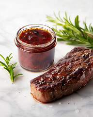 A jar of vibrant chili sauce beside a seared steak strip garnished with fresh rosemary on a white marble surface.
