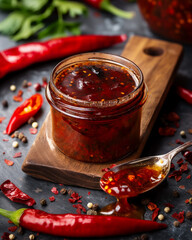 A glass jar of red chili sauce placed atop a charred wooden board, decorated with fresh parsley leaves and peppercorns on a dark wooden background.