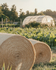 A sunlit round straw bale rests on a green field with a hoop‑style greenhouse and crop rows softly blurred in the background.