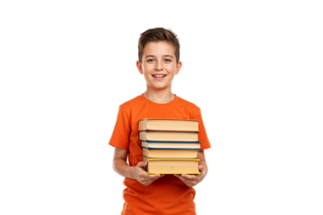 Happy Boy Holding a Stack of Books  Education, Learning, and Knowledge