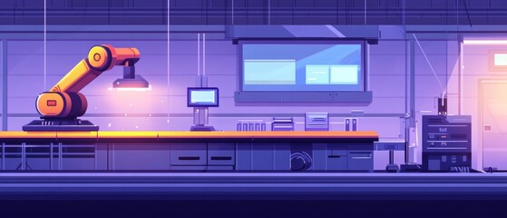 Cartoon Robotic Arm in Modern Factory Interior Low Angle Industrial Automation Robotics Manufacturing