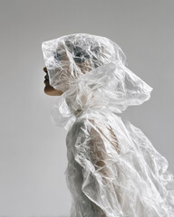A full-frame side portrait of a woman wearing a translucent plastic raincoat with hood
