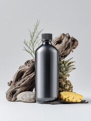 A matte-black travel bottle stands front and center, flanked by textured driftwood, a sand-washed stone, a pineapple slice, vanilla pods, and a tuft of greenery on a neutral surface.