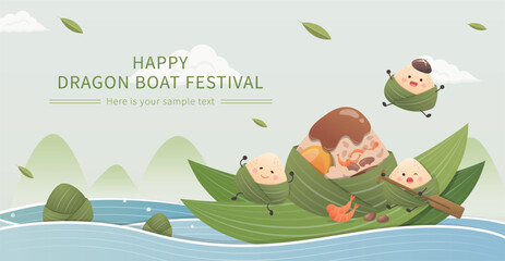 Horizontal Dragon Boat Festival commercial poster with cute Zongzi mascot and boat race