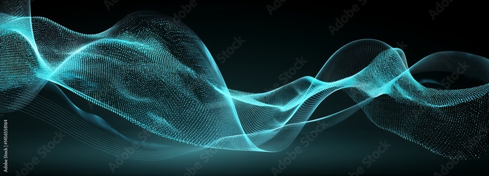 Poster a blue abstract background composed of points, with falling cyber particles and a big data stream, c