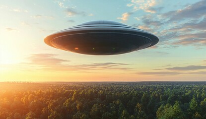 Fototapeta premium Futuristic Flying Saucer Over Lush Green Forest at Sunset