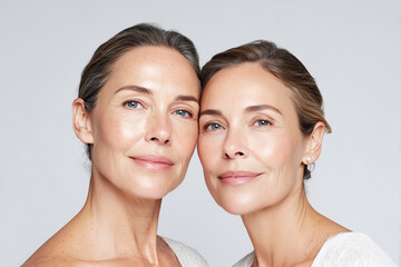 Portrait of two mature women with radiant skin and natural elegance