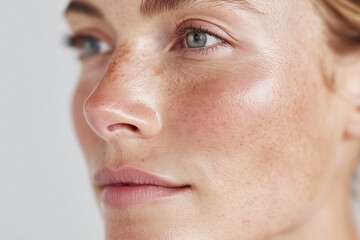 An extreme close-up profile of a woman&rsquo;s face, highlighting the natural texture of her skin, visible pores, fine lines, and delicate freckles, against a soft, neutral background