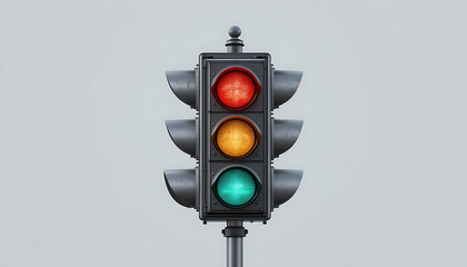 Unusual traffic light with red, yellow, and green signals lit simultaneously. Great for metaphorical or humorous concepts related to confusion, system error, or decision-making.
