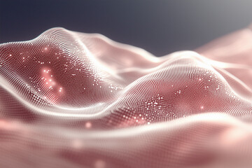 Abstract 3D visualization of a wavy surface formed by glowing particles and digital dots, creating a sense of motion, depth, and data flow in a soft pink color palette