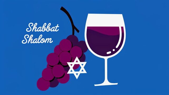 Shabbat shalom jewish holiday background. Graphic of a glass of wine with grape and star of david for jewish sabbath greeting card.