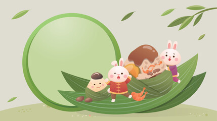 Advertisement or commercial template of cute rabbit mascot, Chinese Dragon Boat Festival and glutinous rice food Zongzi