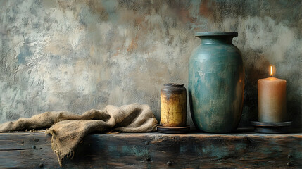 Aged rustic still life with textured vessel and candles.