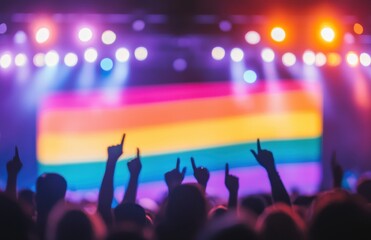 Diverse Audience Celebrating with Colorful Rainbow Flag at Concert