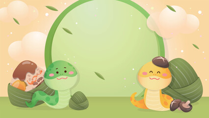 Poster to celebrate Chinese Dragon Boat Festival, Zongzi and Chinese zodiac snake, happy atmosphere, delicious glutinous rice