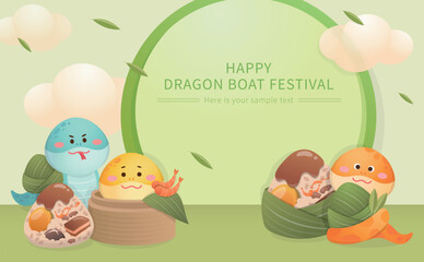 Round frame advertising poster, Chinese Dragon Boat Festival with rice dumplings and playful snake mascot