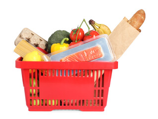 Shopping basket with different products isolated on white