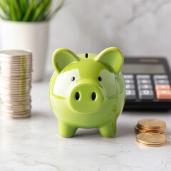 Green Piggy Bank with Coins and Calculator on a White Surface