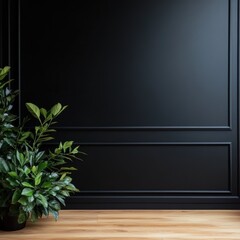 Obraz premium Interior design with black wall paneling and green plant in pot on wood floor in studio shot