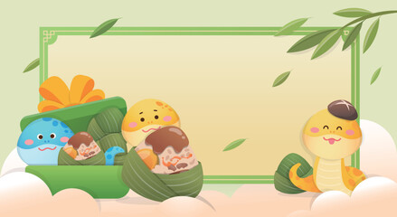 Chinese style poster celebrating Dragon Boat Festival, snake mascot and delicious glutinous rice dumplings, decorative frame and gift box