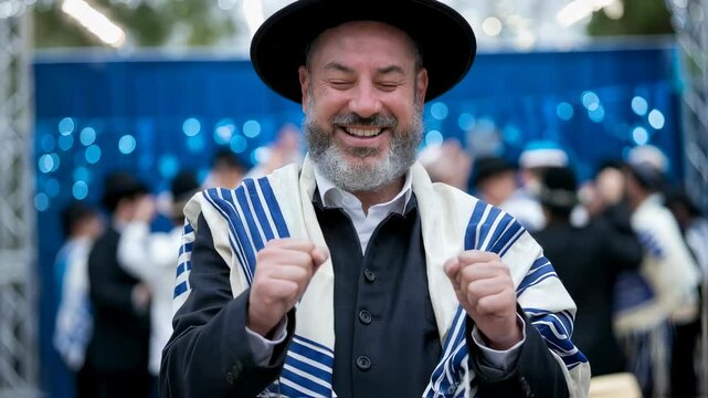 Happy mature jewish man dances in outdoor party. Bearded israeli celebrating jewish holiday. Joyful african american guy wearing traditional hat and shawl.