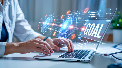 vHands typing on a silver MacBook keyboard, surrounded by a glowing, holographic data network showcasing the word 'GOAL' in a modern, tech-inspired setting