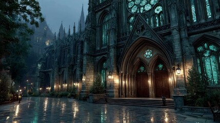 Gothic Architecture Illuminated at Night with Reflective Wet Pavement and Lush Greenery