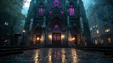 Gothic Architecture Illuminated at Night with Vibrant Stained Glass and Warm Lanterns Reflecti
