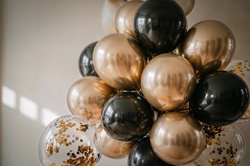 Black and gold balloons floating on a light background with confetti, luxury celebration theme 