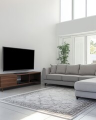 Interior design showcasing a modern living room with television set sofa and rug in a bright airy space
