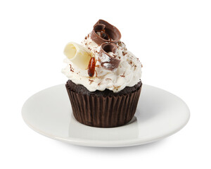 Cockroach crawling on cupcake against white background