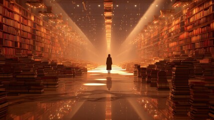 An otherworldly collection of books hangs suspended, shining with a muted light that summons investigation into the territories of erudition and visionary conception