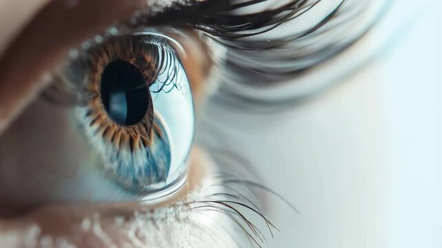 Close up of female brown eye glimmering, revealing delicate iris texture and surrounding feathered eyelashes with soft luminous reflection