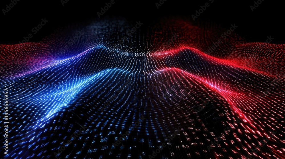 Aufkleber parallel red and blue circuits flowing across a dark digital grid, high-tech design