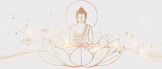 golden line art of buddha seated in meditation on white background with soft lotus petals and shimmering sparkles featuring clean modern and luxury minimalism concept of spa branding wellness retreat