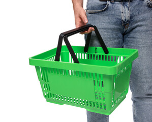 Fototapeta premium Man with empty shopping basket on white background, closeup