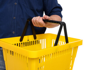 Man with empty shopping basket on white background, closeup
