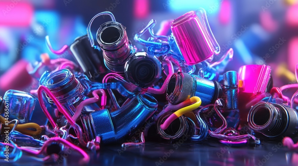 Poster overlapping neon elements in cool tones, 3d techno futuristic design