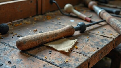 Rustic woodwork tools on wooden workbench with chisel and mallet