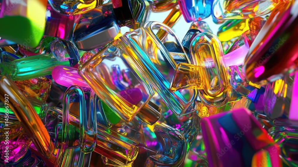 Poster overlapping neon elements in cool tones, 3d techno futuristic design