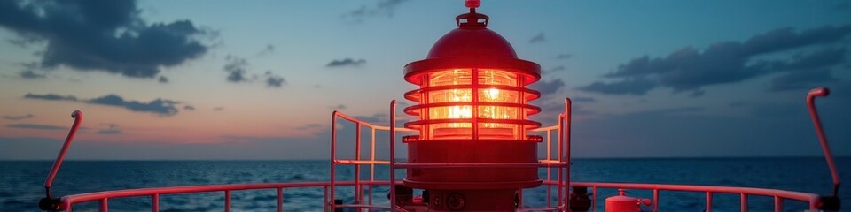 Vibrant red lighthouse lantern illuminating sea at twilight