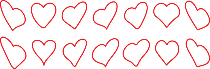 Red heart icons set. Different red vector hearts. Love. Heart icon. Love sign for valentines day, Marriage day, Christmas symbol. Heart line art for web design