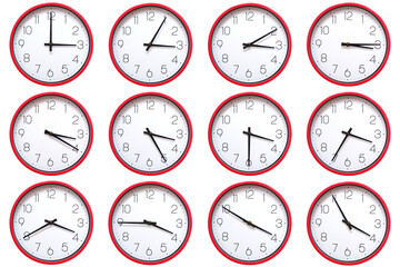 A set of 12 red wall clocks showing each hour from 03:00 to 03:55 or 15:00 to 15:55. Isolated on white background ideal for concepts related to time.