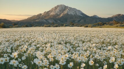Obraz premium Sunset over white flower field, mountain backdrop